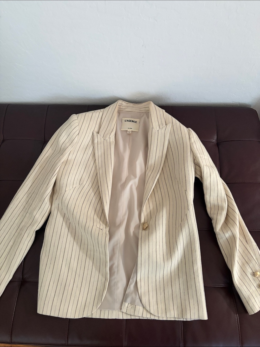 L'AGENCE Cream Blazer with Navy Pinstripes